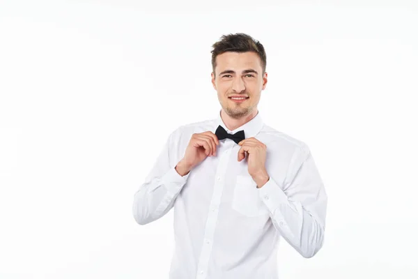 Young Man Bow Tie Studio Isolated Background — Stockfoto