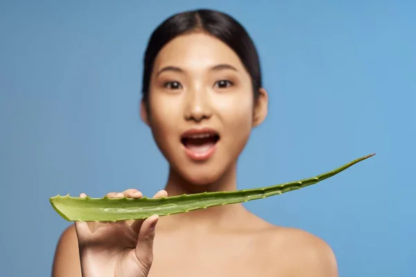 Giovane Bella Donna Asiatica Posa Con Foglia Aloe Vera — Foto Stock