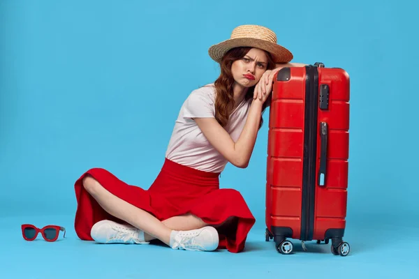 Young Woman Tourist Red Suitcase Studio — Stock Photo, Image