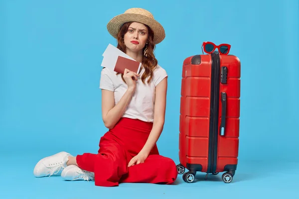 Young Woman Tourist Red Suitcase Studio — Stock Photo, Image