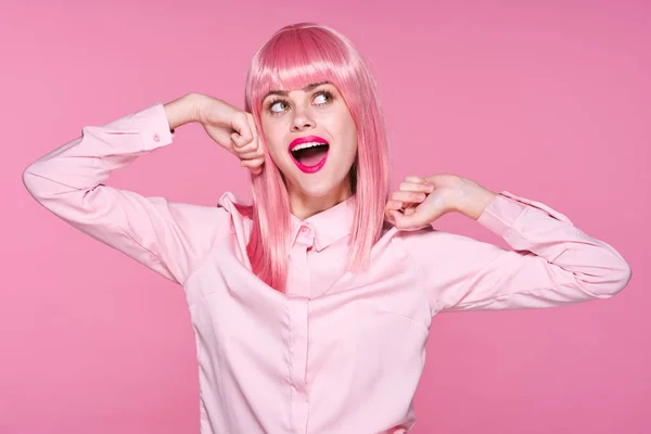 Young Woman Pink Wig Looking Away Studio Pink Background — Stock Photo, Image