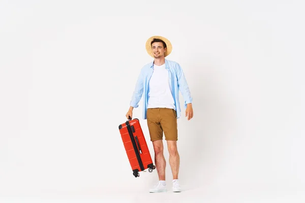 Studio Photo Jeune Homme Touriste Avec Valise Rouge Sur Blanc — Photo