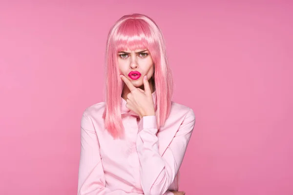 Young Beautiful Woman Pink Wig Thinking Pink Background — Stock Photo, Image