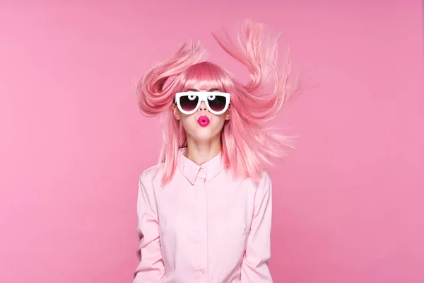 Young Beautiful Woman Pink Wig Blowing Hair Pink Background — Stock Photo, Image