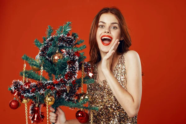 Genç Güzel Bir Kadın Noel Ağacını Tutuyor — Stok fotoğraf