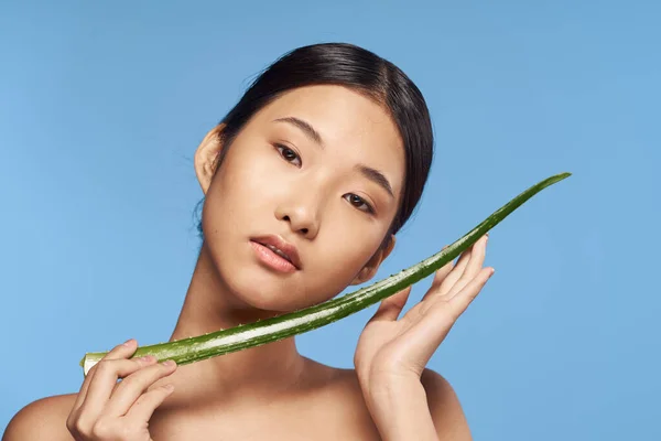 Junge Hübsche Asiatische Frau Posiert Mit Aloe Vera Blatt — Stockfoto