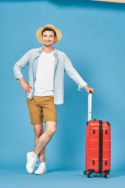 Studio Shot Young Man Tourist His Red Suitcase — Stock Photo, Image