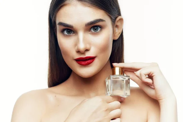 Portrait Jeune Belle Femme Avec Flacon Parfum Isolé — Photo