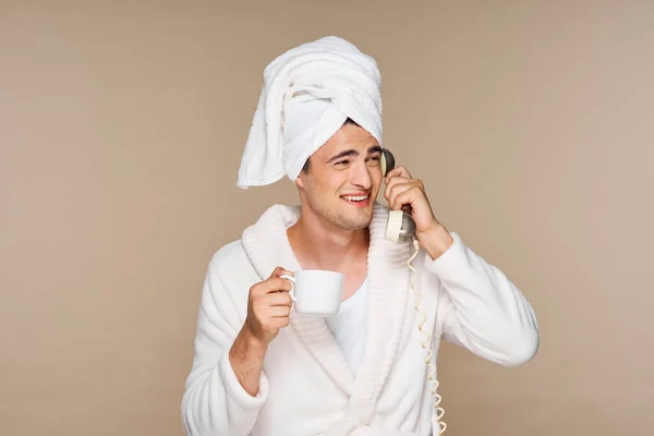 Happy Smiling Man Bathtobe Coffee Cup Talking Telephone — Stock Photo, Image
