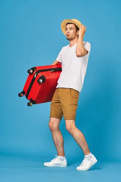 Studio Shot Young Confused Man Tourist Bag — Stock Photo, Image