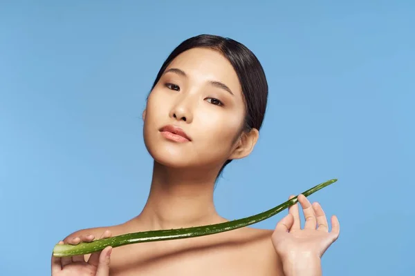 Joven Hermosa Mujer Asiática Posando Con Aloe Vera Hoja —  Fotos de Stock