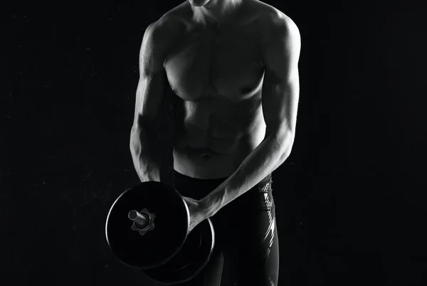 Young Muscular Fit Man Lifting Dumbbell Studio — Stock Photo, Image
