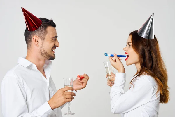 Portrait Young Beautiful Couple Celebrating Birthday Champagne — Stock Photo, Image