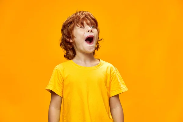 Un niño entusiasta con el pelo rojo abrió la boca —  Fotos de Stock