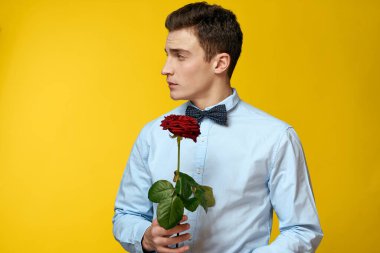 Sarı arka planda elinde kırmızı bir gül olan takım elbiseli şık bir adam.