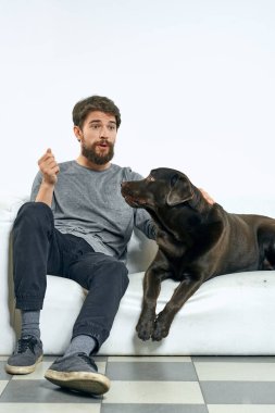 Beyaz bir kanepede siyah köpeği olan bir adam. Arka planda, yakın planda kesilen evcil hayvan insan arkadaş duyguları. Eğlenceli.