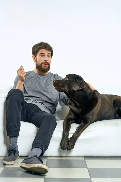 Homme avec un chien noir sur un canapé blanc sur un fond clair vue rapprochée animal de compagnie ami humain émotions amusant — Photo