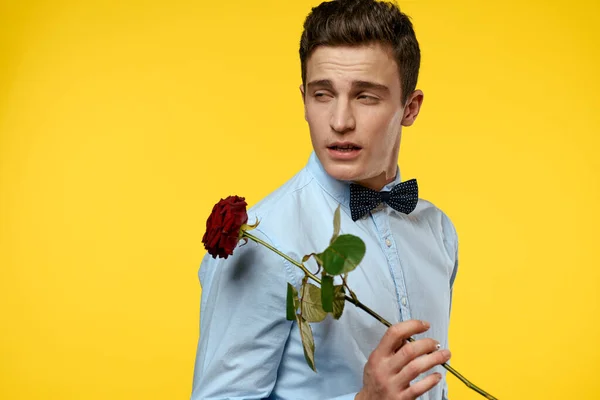 Gentleman in shirt and bow tie around his neck yellow background red rose — Stock Photo, Image