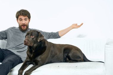 Beyaz bir kanepede siyah köpeği olan bir adam. Arka planda, yakın planda kesilen evcil hayvan insan arkadaş duyguları. Eğlenceli.