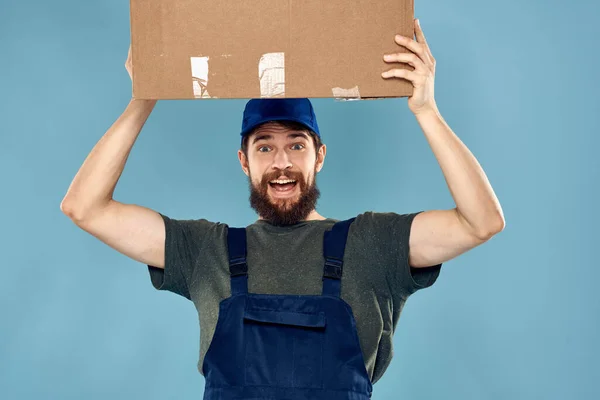 Işçi kutuları el dağıtım hizmeti paketleme yaşam tarzı mavi arkaplan — Stok fotoğraf