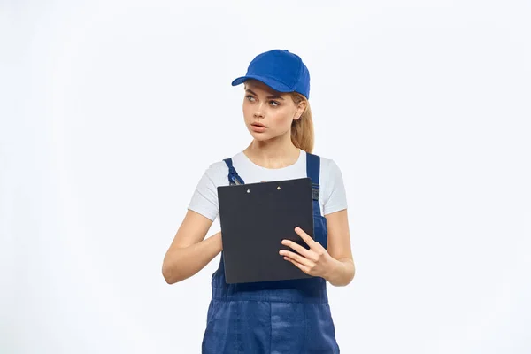 Working woman in uniform documents delivery service courier services — Stock Photo, Image