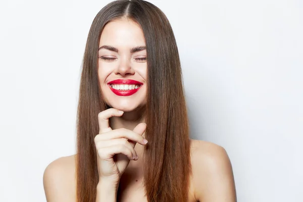 Retrato de mulher Sorriso deslumbrante emoção pele clara Espaço de cópia — Fotografia de Stock