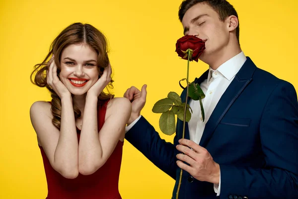 Young charming couple rose relationship romance gift as a lifestyle yellow isolated background Royalty Free Stock Images