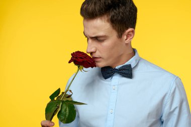 Sarı arka planda elinde kırmızı bir gül olan takım elbiseli şık bir adam.