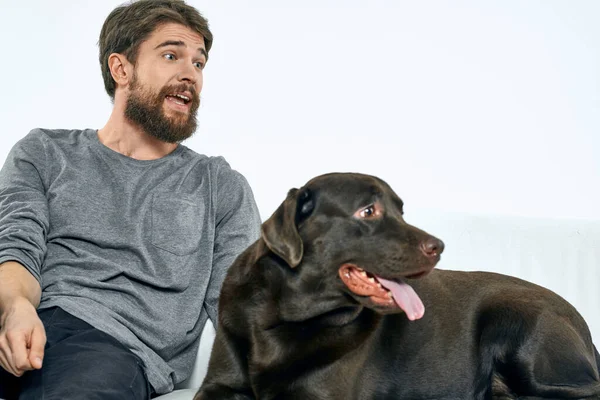 Hombre con un perro negro en un sofá blanco sobre un fondo claro primer plano recortado vista mascota amigo humano emociones diversión — Foto de Stock