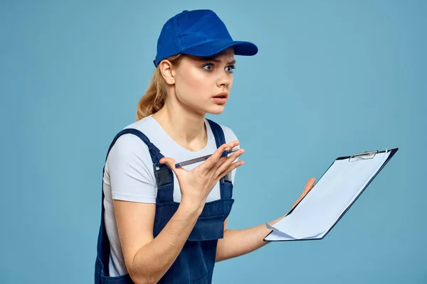 Woman in working form paperwork rendering services career office blue background