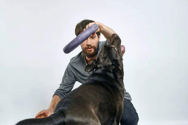 Heureux propriétaire avec animal noir chien dressage modèle émotions — Photo