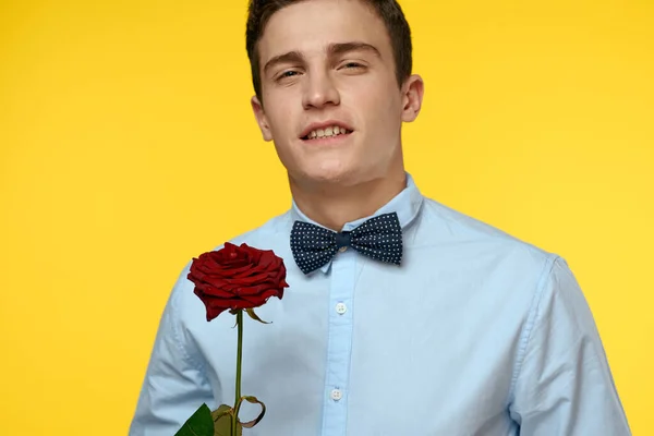 Gentleman in Hemd und Fliege um den Hals gelber Hintergrund rote Rose — Stockfoto