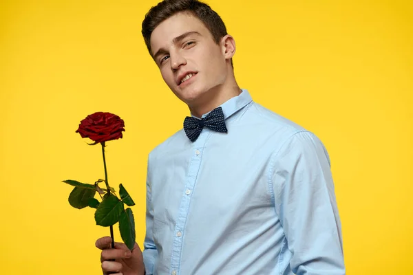 Gentleman in Hemd und Fliege um den Hals gelber Hintergrund rote Rose — Stockfoto