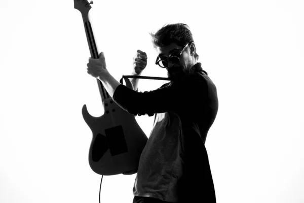 Man with guitar music performance entertainment contemporary performer sunglasses studio — Stock Photo, Image