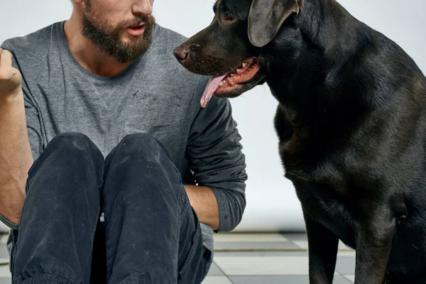 Proprietário feliz com animal de estimação preto cão formação modelo emoções — Fotografia de Stock