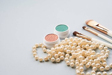 Göz makyajı fırçaları, gri arkaplandaki profesyonel kozmetik aksesuarları koleksiyonu.