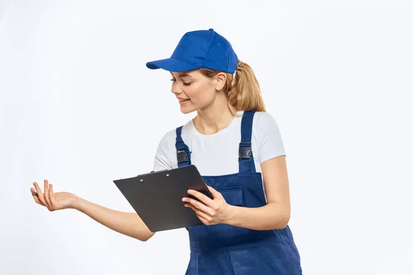 Working woman in uniform documents delivery service courier services — Stock Photo, Image