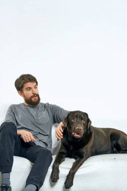 Beyaz bir kanepede siyah köpeği olan bir adam. Arka planda, yakın planda kesilen evcil hayvan insan arkadaş duyguları. Eğlenceli.