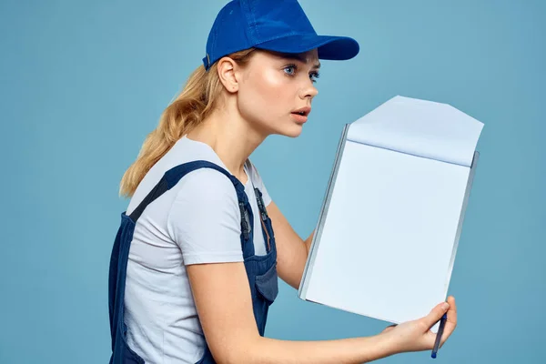 Woman in working form paperwork rendering services career office blue background