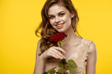 Sarı arka planda kırmızı gülü olan hoş bir kız duygu modelini kırpmış.