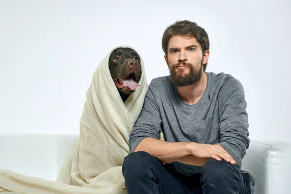 Homme heureux avec chien et tissu léger amusant écharpe amis animal de compagnie — Photo