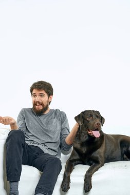 Beyaz bir kanepede siyah köpeği olan bir adam. Arka planda, yakın planda kesilen evcil hayvan insan arkadaş duyguları. Eğlenceli.