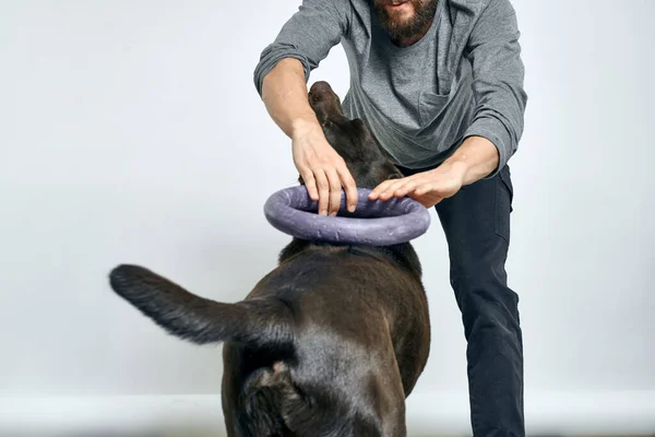 Feliz propietario con mascota negro perro entrenamiento modelo emociones — Foto de Stock