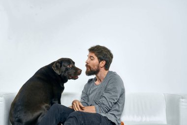 Erkek sahibi kanepede köpekle oynuyor. Eğlenceli ışık odası arkadaşları evcil hayvanı eğitiyor.