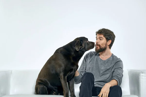 Hombre con un perro mascota en el sofá divertido amigos emociones sala de luz — Foto de Stock