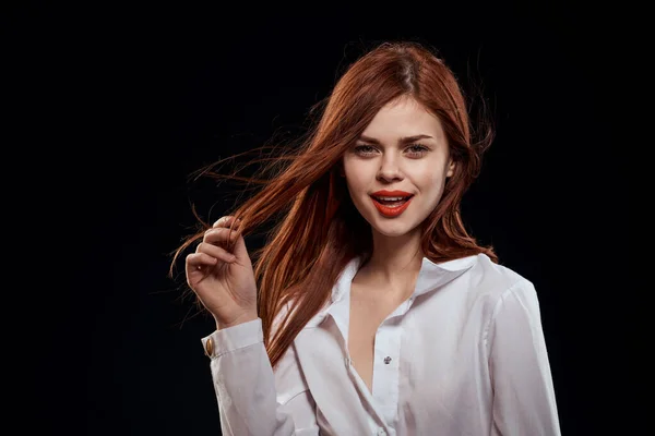 Beautiful woman long hair red lips white shirt dark isolated background Studio — Stock Photo, Image