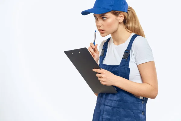 Working woman in uniform documents delivery service courier services — Stock Photo, Image