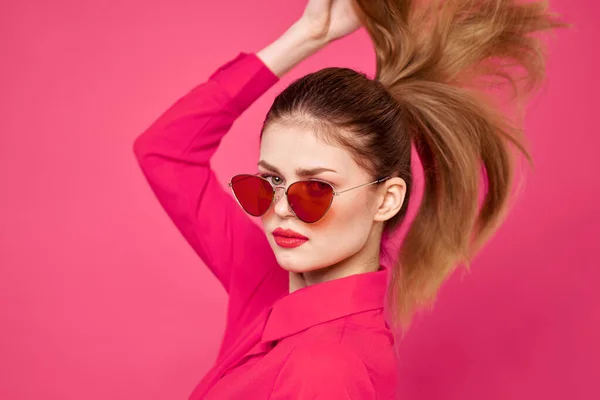 Woman in pink shirt and brown glasses cropped view fashion model emotions gesturing hands portrait — Stock Photo, Image