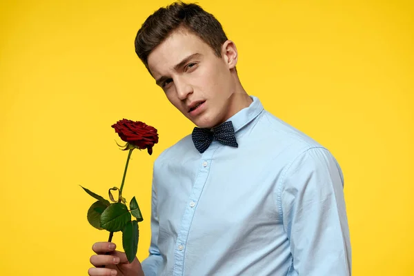 Eleganter Mann im Anzug mit roter Rose in den Händen auf gelbem Hintergrund, abgeschnittene Ansicht — Stockfoto
