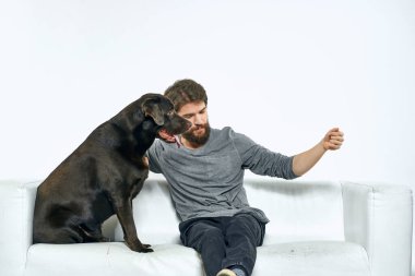 Beyaz bir kanepede siyah köpeği olan bir adam. Arka planda, yakın planda kesilen evcil hayvan insan arkadaş duyguları. Eğlenceli.